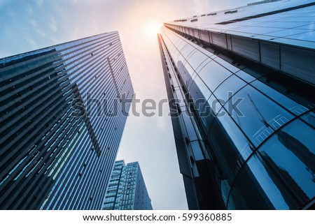 low angle view of modern skyscrapers Royalty-Free Stock Photo #599360885