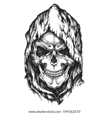 Death skull in worn hood. Hand drawn vector illustration