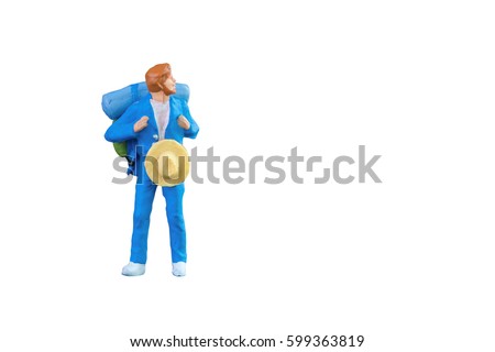 Close up of Miniature backpacker and tourist people isolated with clipping path on white background.Elegant Design with copy space for travel concept
