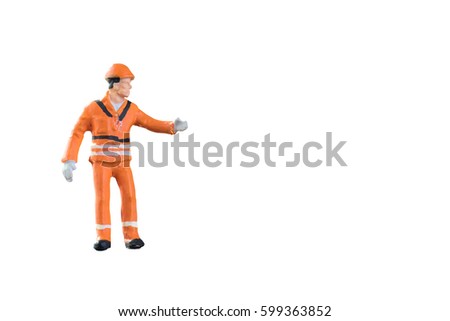 Miniature people engineer and worker occupation isolated with clipping path on white background. 