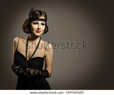 Retro Fashion Beauty, Beautiful Woman Portrait, Girl Old Fashioned Hairstyle Makeup Dress, over gray background Royalty-Free Stock Photo #599369681