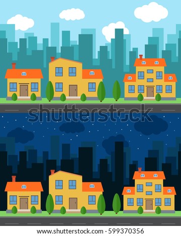 Vector city with cartoon houses and buildings in the day and night. City space with road on flat style background concept. Summer urban landscape. Street view with cityscape on a background

