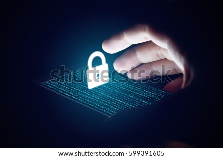 Cyber security concept, man hand protection network with lock icon and virtual screens on smartphone. Royalty-Free Stock Photo #599391605