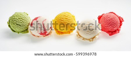 High Angle Still Life View of Five Scoops of Colorful and Refreshingly Cool Ice Cream in front of White Background