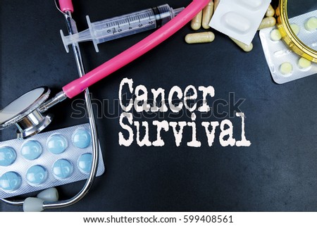 Cancer Survival word, medical term word with medical concepts in blackboard and medical equipment