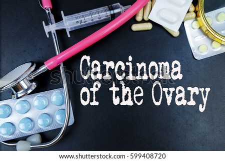 Carcinoma of the Ovary word, medical term word with medical concepts in blackboard and medical equipment