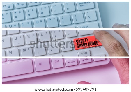 Close up of hand pressing word SAFETY COMPLIANCE on white keyboard.