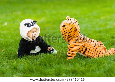 Cute baby boys wearing a Panda bear suit and tiger costume sitting in grass and flowers at park.