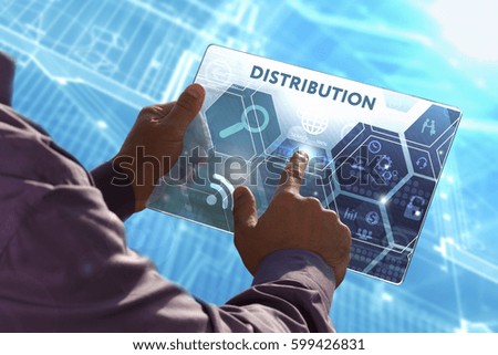  Business, Technology, Internet and network concept . Young business man working on the tablet of the future , select the virtual screen: Distribution
