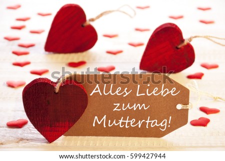 Label With Many Red Heart, Muttertag Means Mothers Day