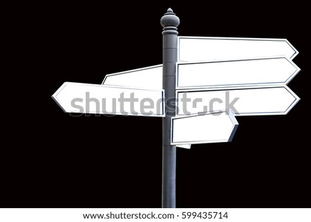 Arrow sign or Blank sign post or Street route sign or Pointer post on black color background