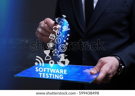 Business, Technology, Internet and network concept. Young businessman working on a virtual screen of the future and sees the inscription: Software testing

