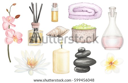 Set SPA element hand drawn watercolor illustration on a white background isolated. Collection of SPA and Beauty products clip art