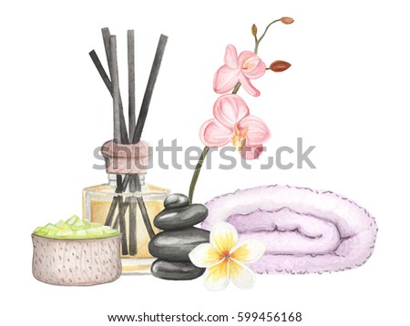 Set SPA element hand drawn watercolor illustration on a white background isolated. Collection of SPA and Beauty products clip art
