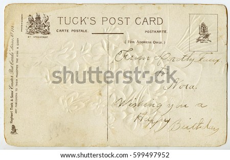 The vintage postcard is published more than 100 years ago by the English publishing house Raphael Tuck & Sons. The postcard back - birthday greetings.