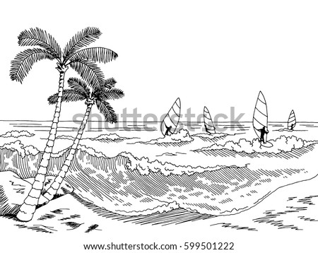 Sea windsurfing graphic black white seascape sketch illustration vector