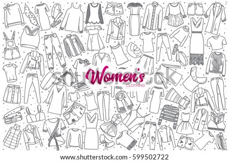 Hand drawn women's clothing doodle set background with purple lettering in vector Royalty-Free Stock Photo #599502722