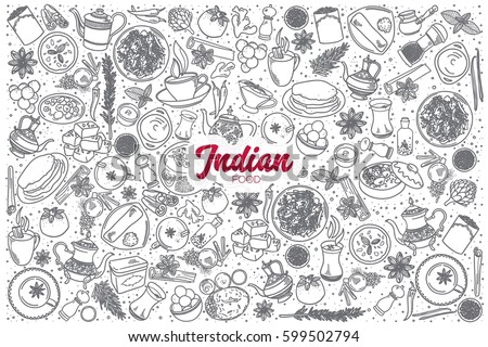 Hand drawn Indian food doodle set background with red lettering in vector