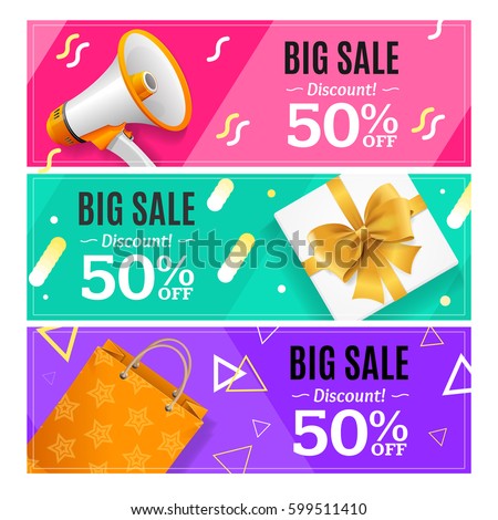 Big Sale Banner Card Horizontal Set Trendy Color Seasonal Discount. Vector illustration Royalty-Free Stock Photo #599511410