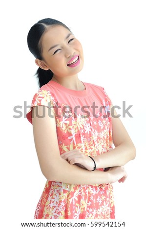 Asian teenager girl 13 years old post like model with summer short dress on white background.