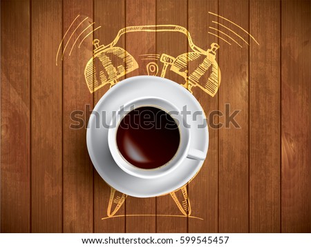 Alarm clock and coffee concept illustration with doodle. Realistic cup of black americano in white cup with hand drawn sketch of alarm clock, wake up concept on wooden background. Morning coffee.  Royalty-Free Stock Photo #599545457