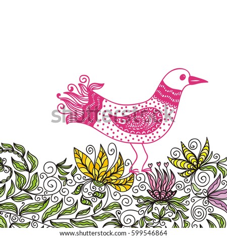 Beautiful bird and flowers. Vector illustration.