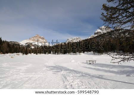 Winter Landscape, Tre Cime di Lavaredo, Drei Zinnen, view from Antorno lake in Dolomites, Veneto, Italy.