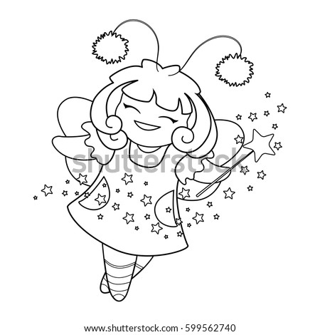 Illustration for a coloring book. Little fairy with a magic wand. Vector character in cartoon style for children. Isolated.