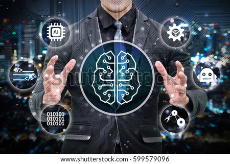 Machine learning and artificial intelligence concept. Man business suit , Electric circuit graphic and info graphic of Brain chip sets , command , binary coded , robotic arm icons.