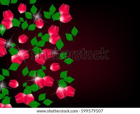 Abstract Sparkling Holiday Background with Rose Petals and Green Leaves. Vector Illustration.