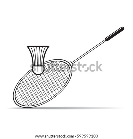badminton racket & shuttlecock in black outline-vector drawing