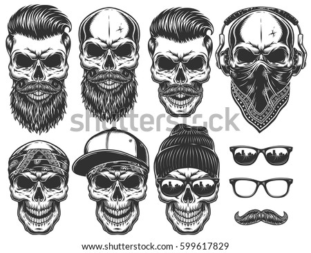 Set of different skull charactres with different modern street style city attributes. Monochrome style. Isolated on white background