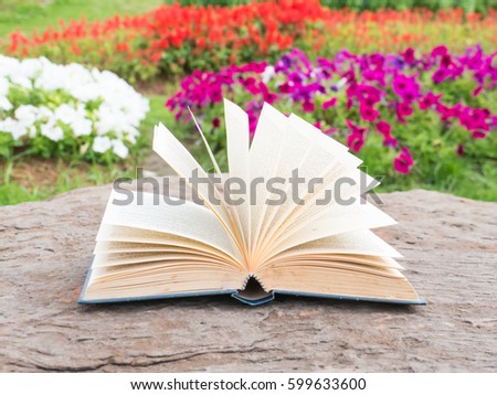Book Retro on the rock on blurred flower background,