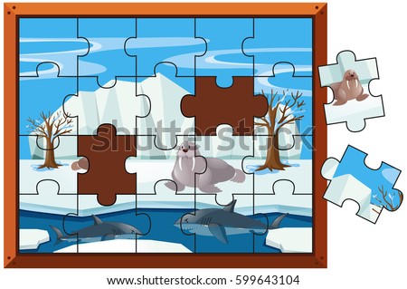 Jigsaw puzzle pieces of walrus and sharks illustration