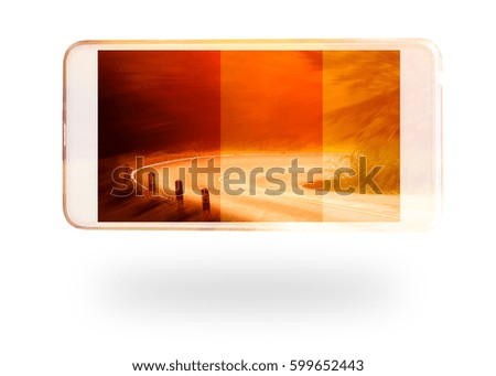 Smart mobile phone with nature screen picture isolated on white background. Business goal concept. Horizontal and front view.