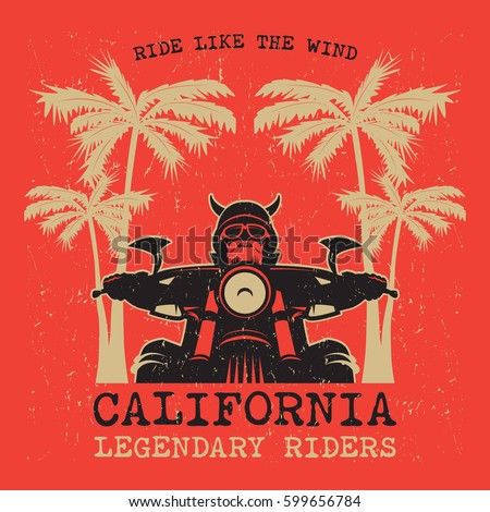 Biker riding a motorcycle, poster with text California, Legendary Riders. Bikers event or festival emblem. Vector illustration