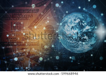 Double exposure global network on money coins and modern city background. Internet or best communication concept. Elements of this image furnished by NASA