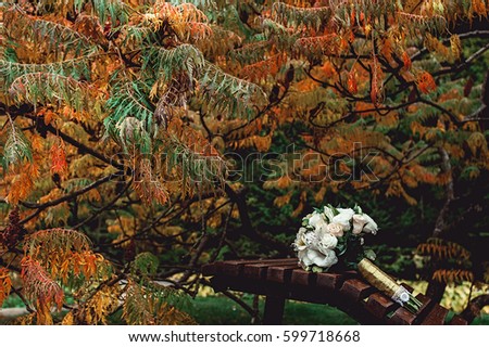 luxurious bridal bouquet of white roses with a gold ribbon on a brown bench under a magnificent yellow-orange autumn tree