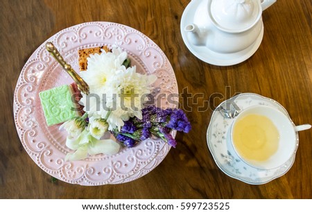Top View of High Tea Set or Afternoon Tea Set. Selective Focus 