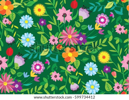 Pattern doodle spring. Background with flowers, leaves. Spring illustration