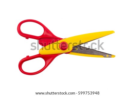 top view of a pair of red colored plastic open scissors isolated on white background Royalty-Free Stock Photo #599753948
