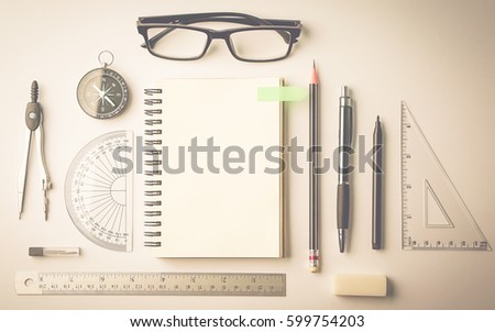 top view of stationery and blank space for education, math, office,designing and engineering background