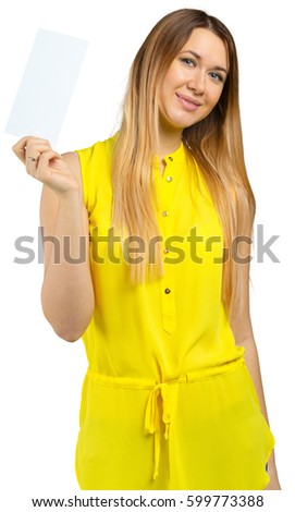 Beautiful young woman holding blank card. Isolated on white background 