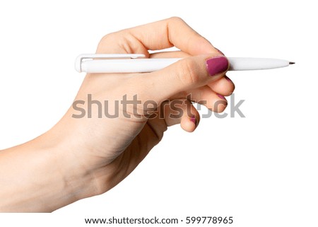 Woman hand writing with a pen isolated on white background