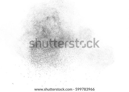 Black particles explosion isolated on white background.  Abstract dust overlay texture