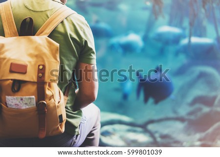 Hipster man with yellow backpack, map. View from back tourist traveler on background blue sea aquarium. Person hiker guy sitting in ocean museum Barcelona and looking on fish, blank blur mock up