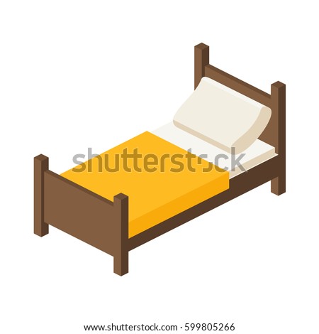 Wooden bed for one person with a pillow and a blanket in a flat style. vector illustration isolated on white background in isometric Royalty-Free Stock Photo #599805266
