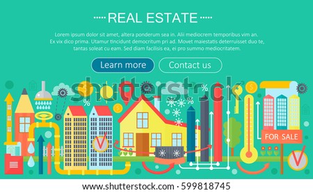 Real estate design concept set with online search apartment rental market buying flat icon infographics template design, web header icons elements. Vector illustration.