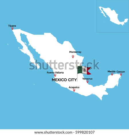 A detailed map of Mexico with indexes of major cities of the country. National flag of the state. Vector illustration.