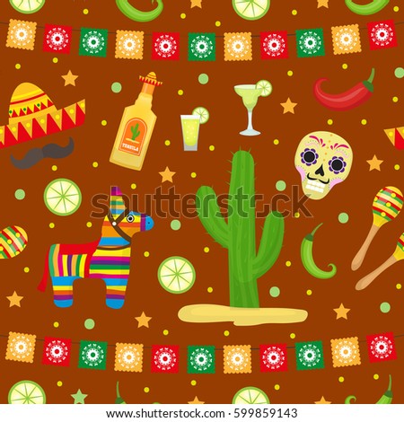 Cinco de Mayo seamless pattern. Mexican holiday endless background, texture. Vector illustration